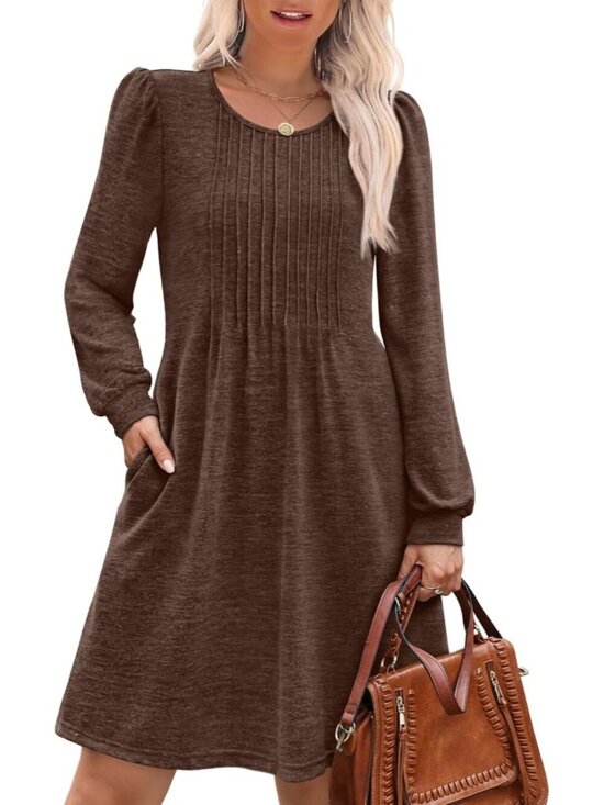 Dresses & Skirts - Women's Brown Pleated Crew Neck Pockets Fall Baby Doll Sweater Mini Dress